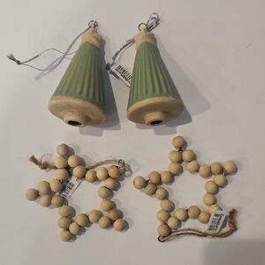 NWT Crate & Barrel Ceramic Green Trees & Beige Beaded Star Christmas Ornaments
